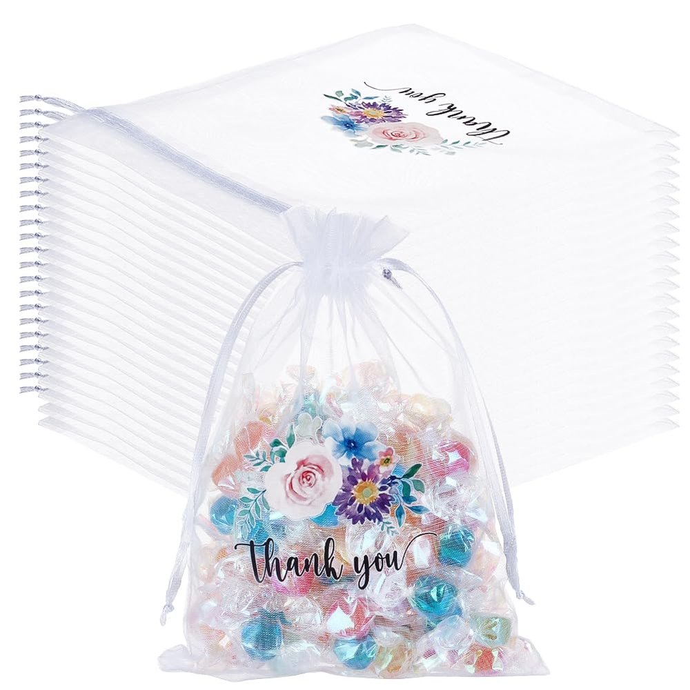 Beebeecraft 30Pcs Thank You Organza Bag 5x7 Inch Small Mesh Bags with Drawstring White Sheer Wedding Party Favor Gift Bags Flower Jewelry Mesh Pouch for Candy Storage Christmas Birthday Gifts Wrapping
