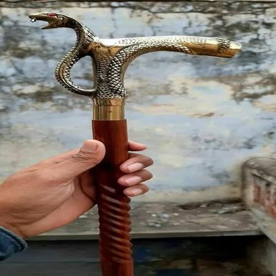 Blackperlcrafts by Vintage Brass Cobra Snake Head Handle with Spiral Wooden Walking Cane 36 Inch Gift