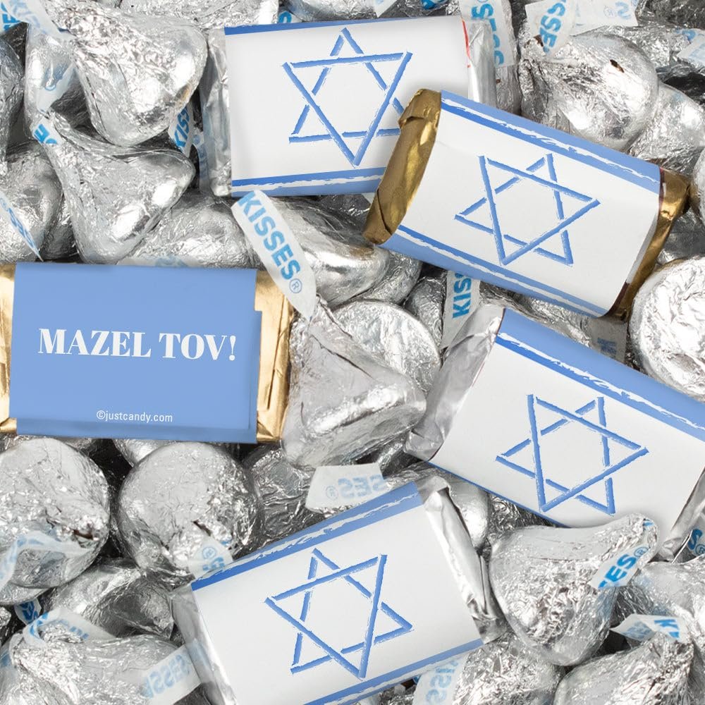124 Pcs Bar Mitzvah Candy Party Favors Miniatures Chocolate & Kisses (1.52 lbs, Approx. 124 Pcs) - Mazel Tov