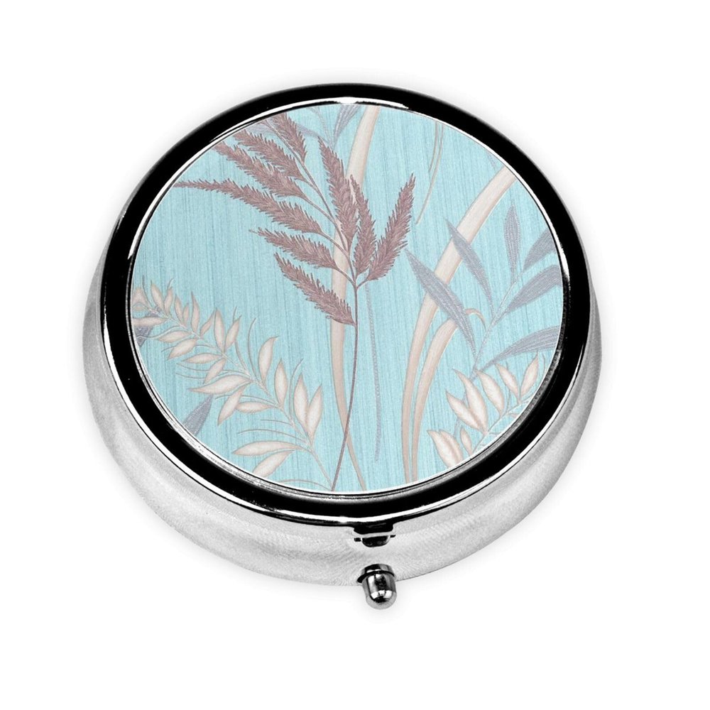 ZALAAUO Metal Silver 3 Compartment Pill Box Pocket Portable Mini Travel Pill Case Small Round Decorative Medicine Box Vitamin Pill Organizer with Abstract Leaf