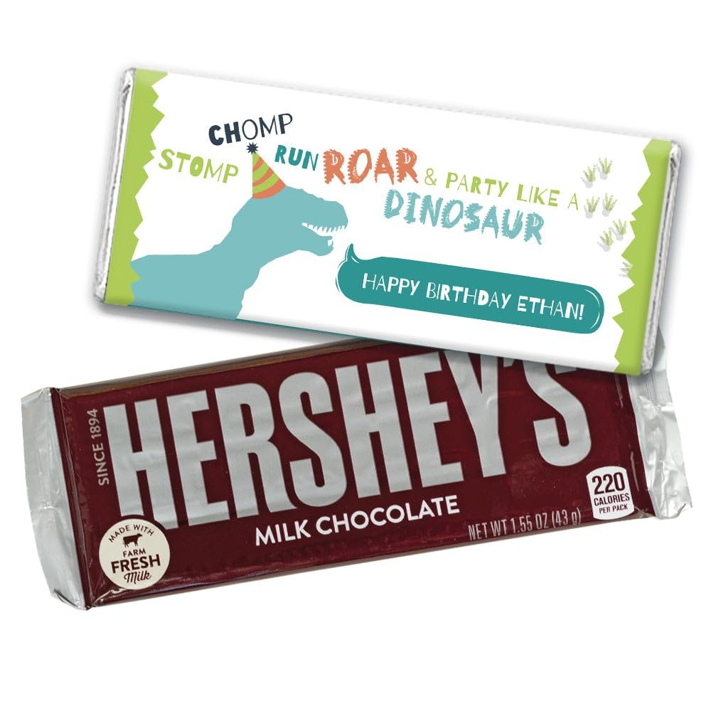 12ct Personalized Dinosaur Party Birthday Candy Favors in Bulk Chocolate Bars (12 Count) - Boy