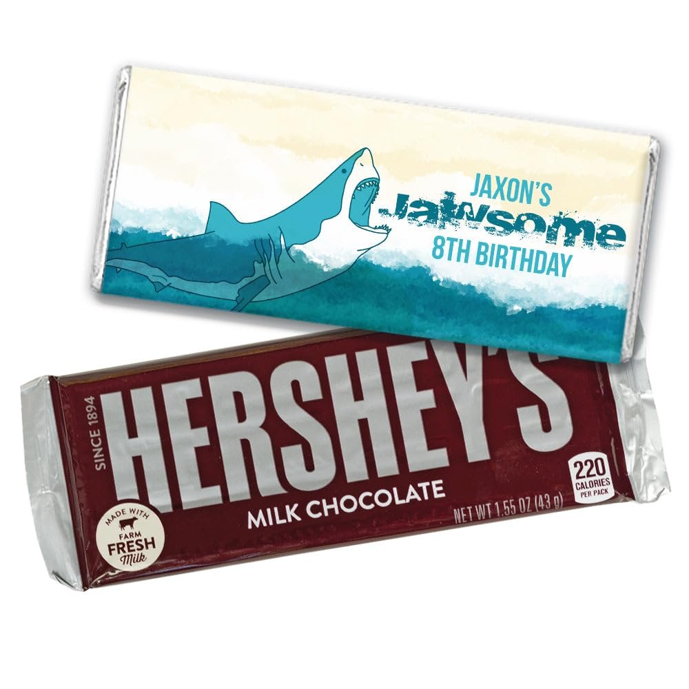12ct Personalized Shark Party Birthday Candy Favors in Bulk Chocolate Bars (12 Count) - Jawesome