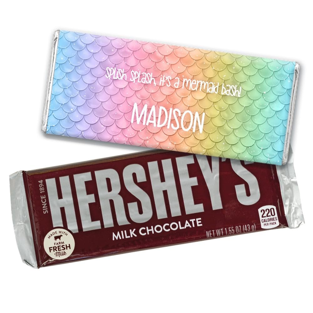 12ct Personalized Mermaid Party Birthday Candy Favors in Bulk Chocolate Bars (12 Count) - Rainbow