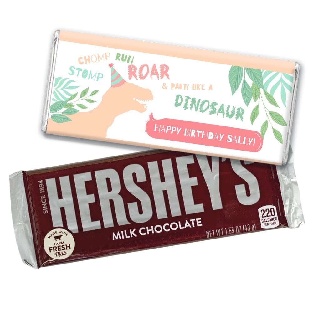 36ct Personalized Pink Dinosaur Birthday Candy Party Favors in Bulk Chocolate Bars (36 Count) - Girl
