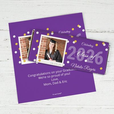 25 Count Personalized Graduation Class Of 2026 Candy Bar Wrappers With Photo For Party Favors, Gifts, Keepsakes & More (Purple) - Confetti (Candy Not Included)