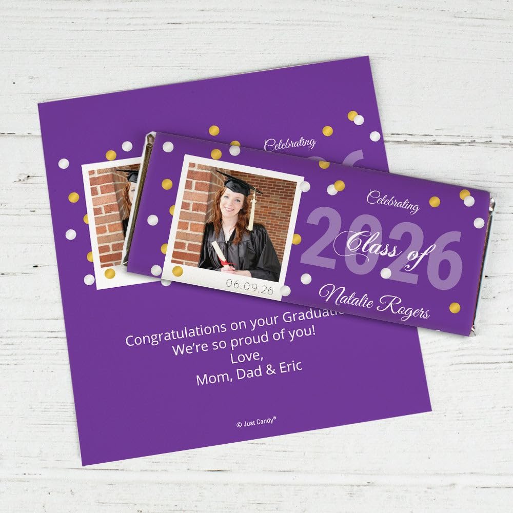 25 Count Personalized Graduation Class Of 2026 Candy Bar Wrappers With Photo For Party Favors, Gifts, Keepsakes & More (Purple) - Confetti (Candy Not Included)