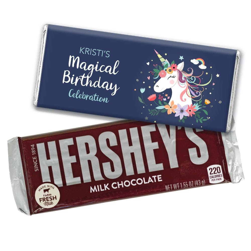 12ct Personalized Unicorn Party Birthday Candy Favors in Bulk Chocolate Bars (12 Count) - Navy Blue