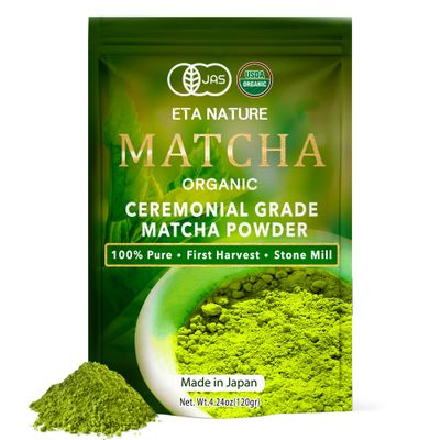 ETANATURE Premium Ceremonial Grade Matcha Powder - Matcha Green Tea Powder for Metabolism, Brain and Sleep - JAS Certified Matcha Grade from Japan Kagoshima Farms 120 Servings - Ceremonial Tea 120g