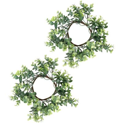 2 Pcs Artificial Eucalyptus Candle Rings Greenery Leaves Wreaths Small Boho Wreath Pillar Candle Holder for Spring Easter Wedding Home Door Tabletop Decoration (Green)