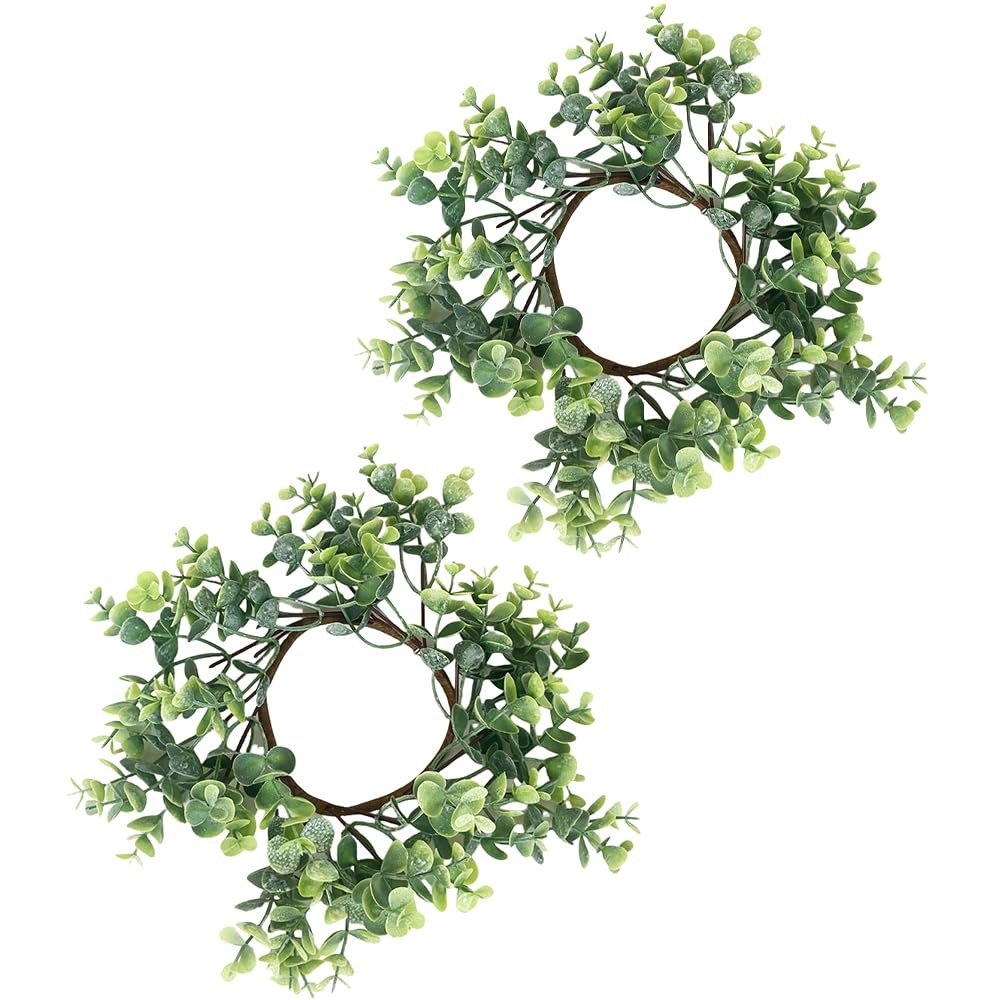 2 Pcs Artificial Eucalyptus Candle Rings Greenery Leaves Wreaths Small Boho Wreath Pillar Candle Holder for Spring Easter Wedding Home Door Tabletop Decoration (Green)