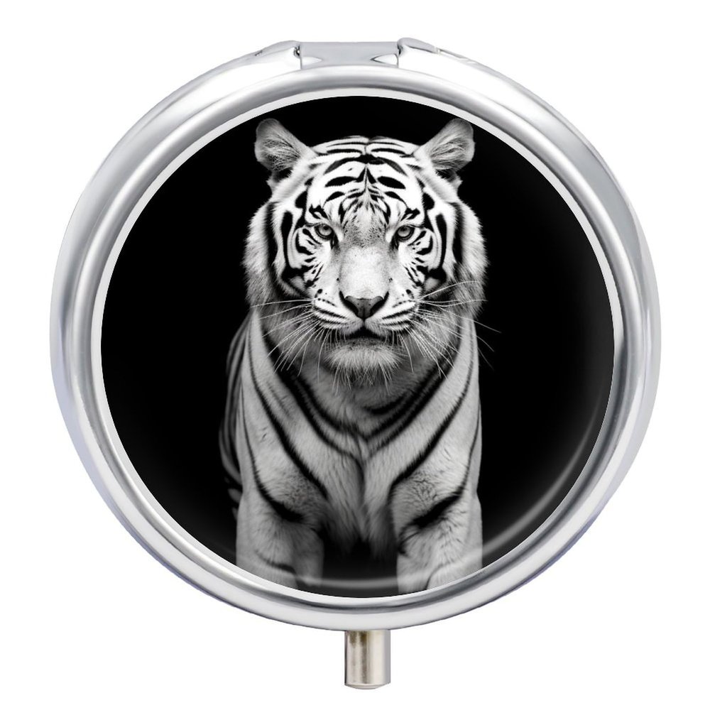 Black and White Tiger Pill Organizer Cute Pill Box Decorative Metal Pill Case Portable Vitamin Organizer Travel Medicine Holder Mini Pill Storage Container for Purse
