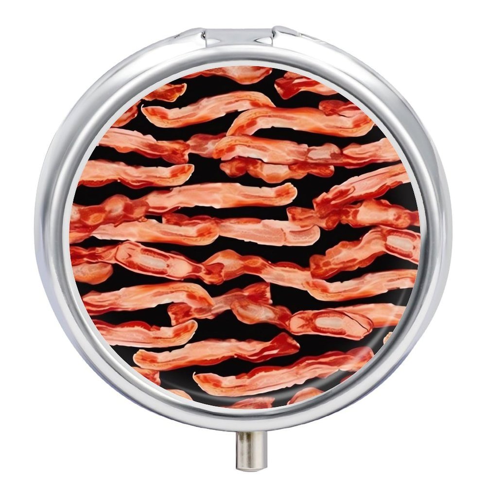 Bacon Pattern Pill Organizer Cute Pill Box Decorative Metal Pill Case Portable Vitamin Organizer Travel Medicine Holder Mini Pill Storage Container for Purse