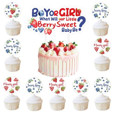 13Pcs Berry Sweet Gender Reveal Cake Toppers Blueberry Strawberry Baby Shower Cupcake Topper Boy or Girl What Will Our Berry Sweet Baby Be Cake Decoration for Team Girl Team Boy Gender Reveal Party