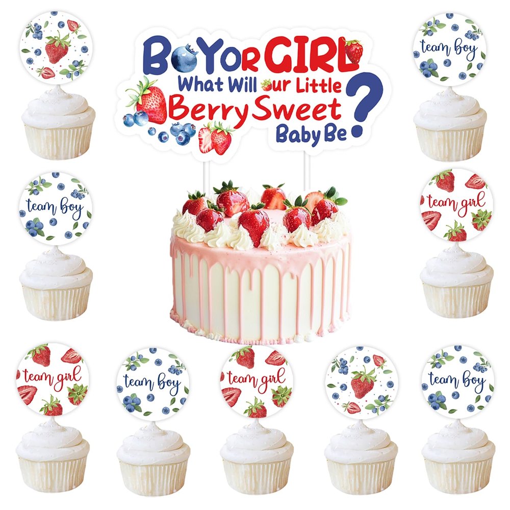 13Pcs Berry Sweet Gender Reveal Cake Toppers Blueberry Strawberry Baby Shower Cupcake Topper Boy or Girl What Will Our Berry Sweet Baby Be Cake Decoration for Team Girl Team Boy Gender Reveal Party