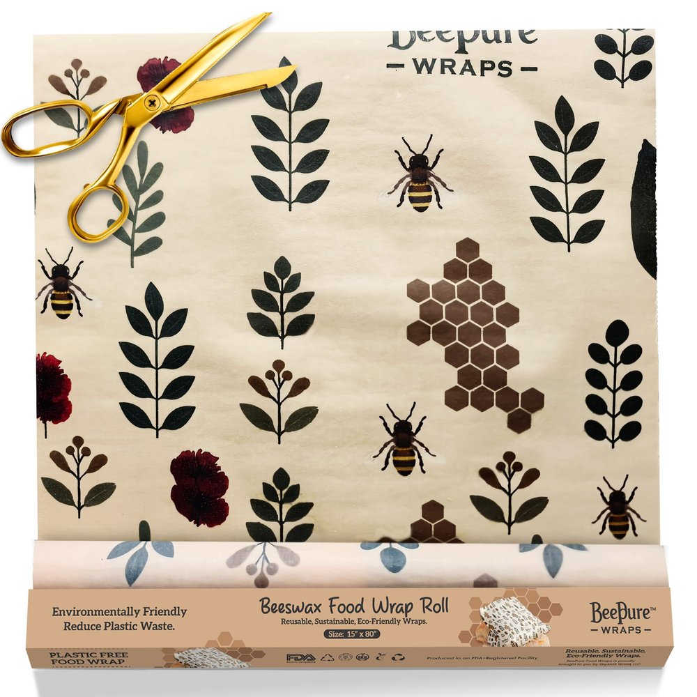 BeePure Reusable Beeswax Food Wrap - Eco-Friendly, Sustainable Wrap Roll (15"x80") - Plant & Bee Pattern for Food Storage