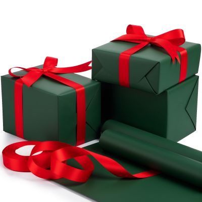 Feifeiya Christmas Gift Wrapping paper roll, Kraft Gift Paper, 2 Rolls 17.5'' x 33' Wrapping Paper Roll, with 1 Roll 1'' x 25 yd stain Ribbon