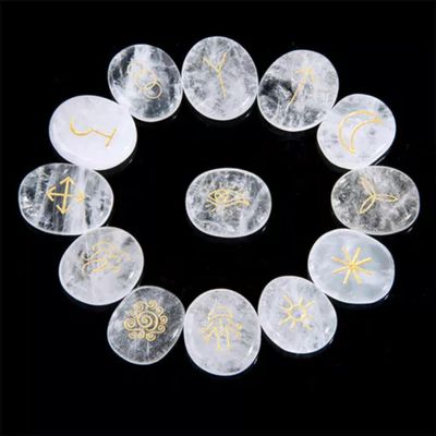13pcs Natural Crystal Rune Stones Carved Witch Pagan Wiccan Reiki Healing Chakra-Clear Quartz