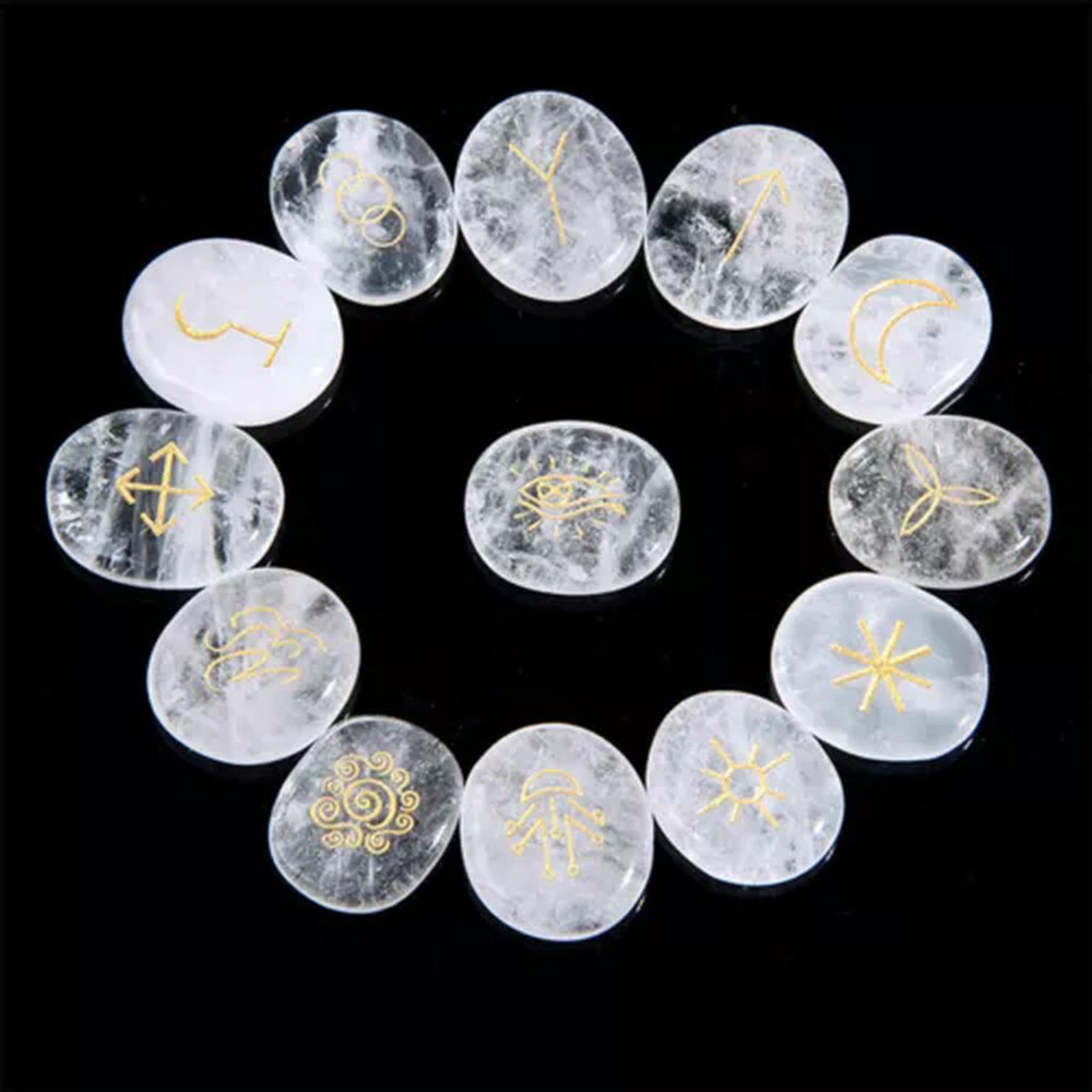 13pcs Natural Crystal Rune Stones Carved Witch Pagan Wiccan Reiki Healing Chakra-Clear Quartz