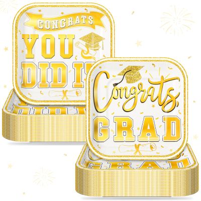FoldTier 200 Pcs 2026 Graduation Party Dessert Plates Bulk 7 x 7 Inch Congrats Grad Paper Disposable Square Dessert Dinner Plates for Graduation Cocktail Supplies Party Decor (Square,Gold)