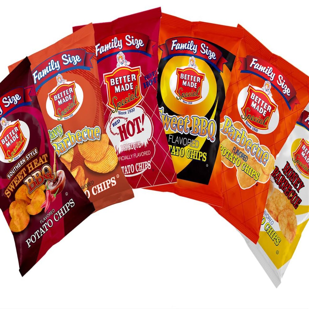 Better Made BBQ Barbecue Potato Chips - Choose Your Own Flavors! - BBQ, Sweet BBQ, Red Hot, Honey BBQ, Sweet Heat BBQ - Family Owned Since & Operated (4 PACK FAMILY SIZE) - Spicy, Crunchy, Lunch