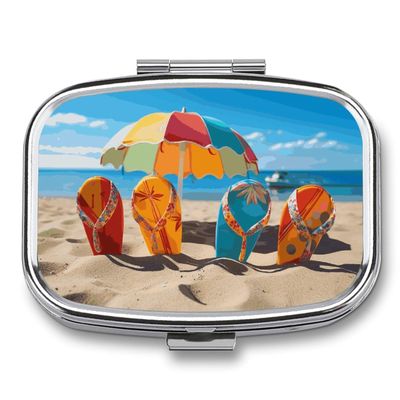 Pill Box 2 Compartment Medicine Pill Case Colorful Flip Flops Beach Ball Printed Portable Pill Box Travel Pill Organizer for Pocket Purse Daily Medicine Vitamin Box Fish Oil Box Supplement Box
