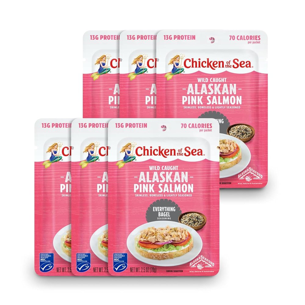 Chicken of the Sea Alaskan Pink Salmon in Water with Everything Bagel Seasoning, 2.5 Ounce Salmon Packet, 6-Count High Protein Skinless, Boneless Wild Caught Salmon Nutritious Ready to Eat Meals