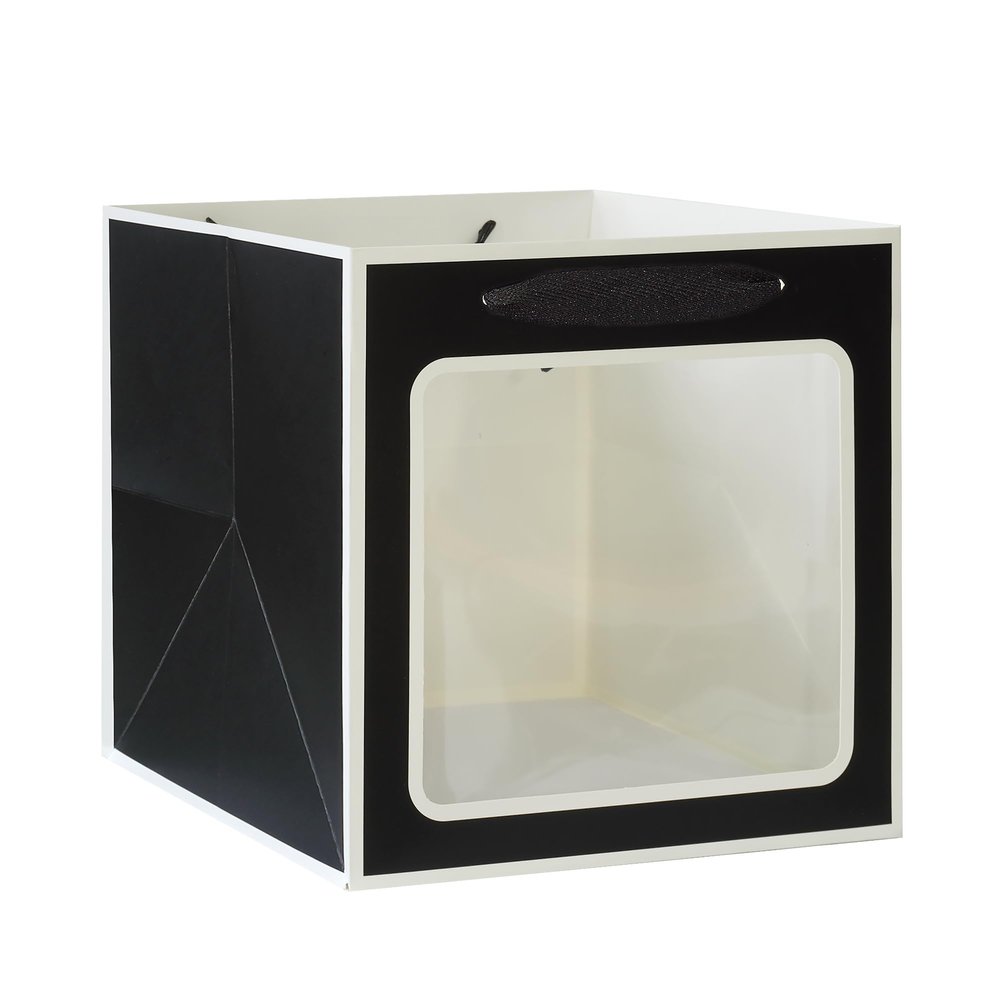 KEYYOOMY Black Square Kraft Paper Gift Bags with Window- Small Square Bottom Gift Bags with Handles Party Favor Bags for Wedding Party Birthday Christmas (12 CT, 10x10x10 In, White Frame with Black)