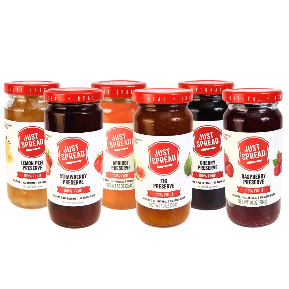 Just Spread 100% Fruit Preserve | Made with Real Fruit Pieces & Only 4 Ingredients | Gluten Free, Vegan, Non GMO, No Added Sugar | 10oz, 6 Pack (6 Flavor Variety)