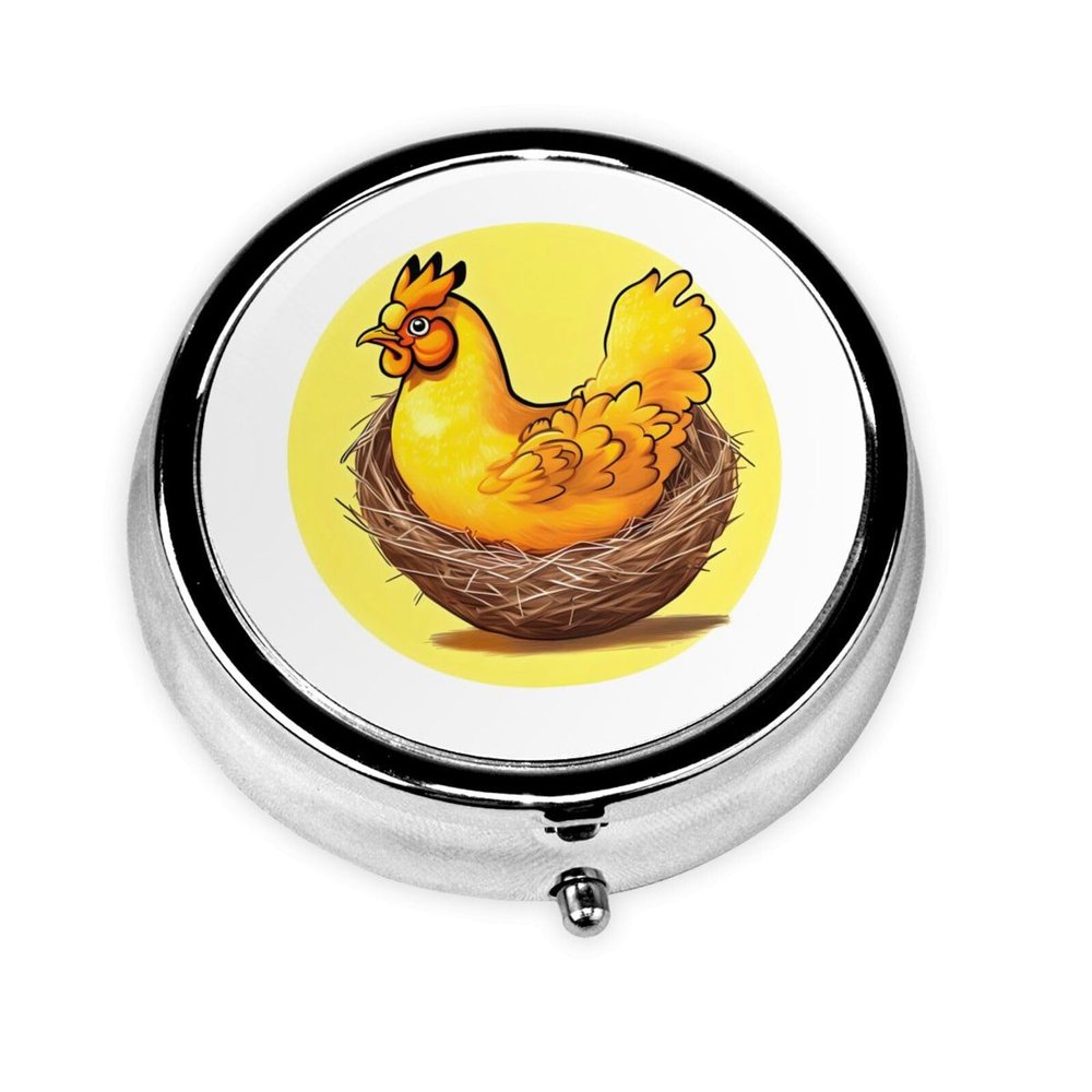 Bird's Nest Golden Chicken Round Pill Box. Portable Daily Medication Organizer, Travel-Friendly Design.