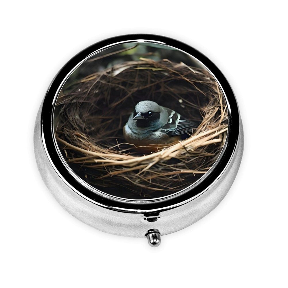 Little Bird Nest Round Pill Box. Portable Daily Medication Organizer, Travel-Friendly Design.