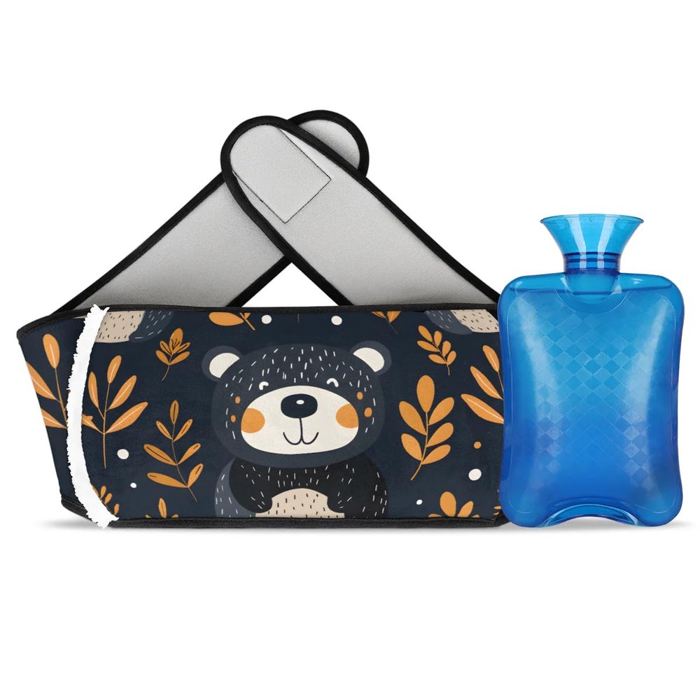 Hot Water Bag with Waist Cover Black Bears Leaf Warm Hot Water Bottle Belt Plush Double Hand Insert Wearable Water Bag Detachable Hot Bottle Pouch for Neck Shoulder Pain Relief