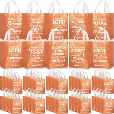 Talltalk 50 Pack Christian Gift Bags Bulk Church for Father's Day, Reusable Non Woven Bible Verse Tote with Handles, Religious Scripture Bag for Sunday School VBS Party Favor(Rose Gold,Medium)