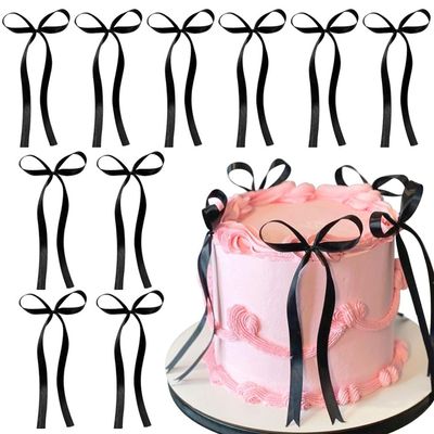 10pcs Black Bow Cake Topper Satin Bows Birthday Cake Toppers for Women Princess Cake Topper Cute Bowknot Cake Decorations Cake Bows Cake Decor Wedding Cake Decorating Kit Ribbon Bows for Gift Wrapping