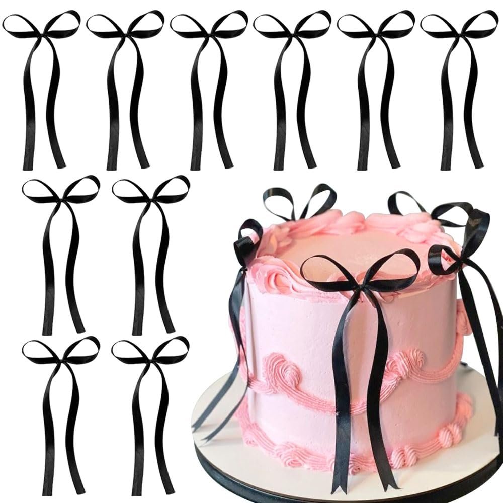 10pcs Black Bow Cake Topper Satin Bows Birthday Cake Toppers for Women Princess Cake Topper Cute Bowknot Cake Decorations Cake Bows Cake Decor Wedding Cake Decorating Kit Ribbon Bows for Gift Wrapping