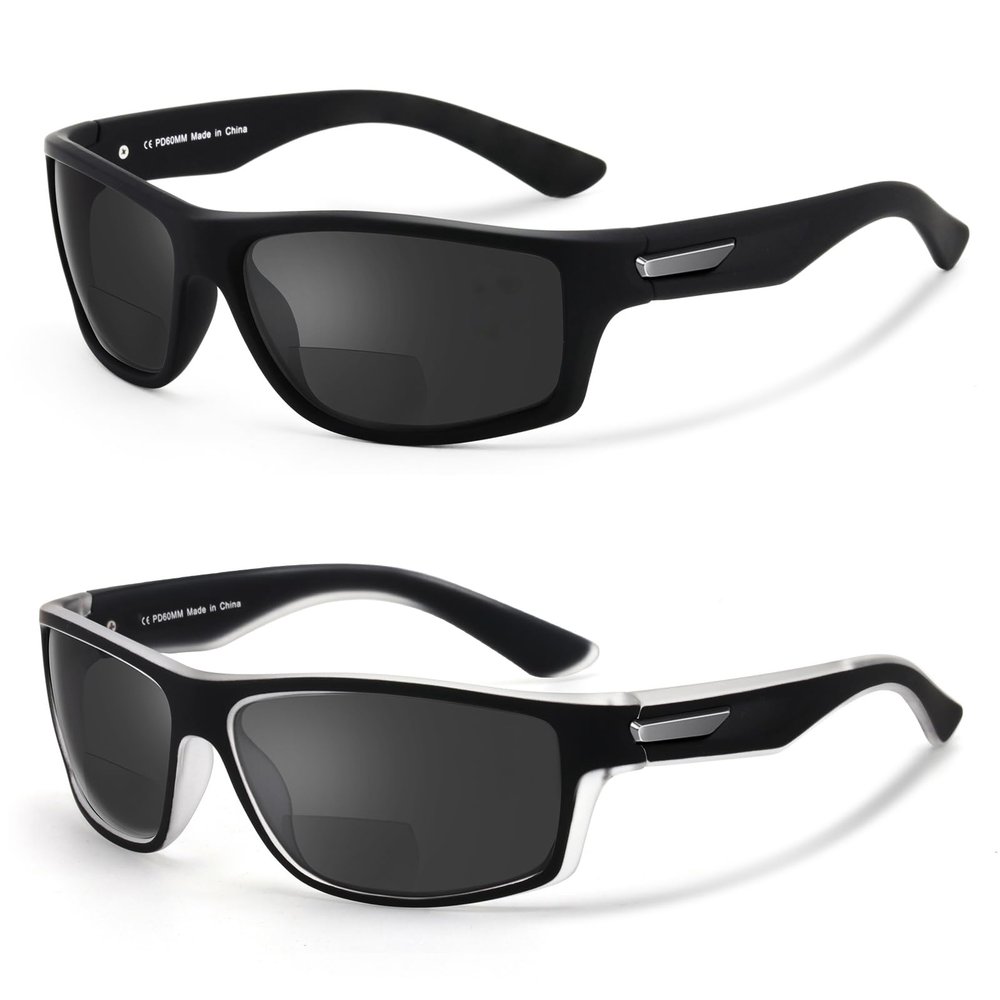 Missfive 2-Pack Mens Ultimate Bifocal Sunglasses with Readers Built In Sporty Upgraded Wrap Frame, UV400 Protection Driving & Reading Glasses for Outdoor +1.5