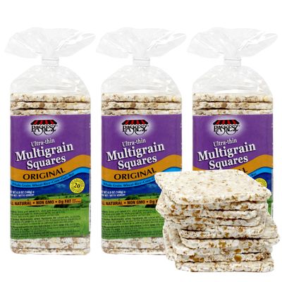 Ultra Thin Whole Grain Multigrain Squares Salted - Fat Free, Non GMO - Low Calorie Snacks - All Natural - Wholesome Mix of Wheat, Rice, Corn, Oats, Rye - 3 Pk/