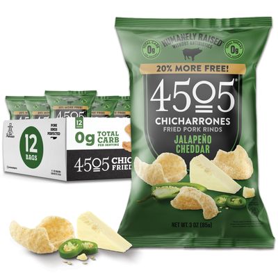 4505 Jalapeno Cheddar Seasoned Chicharrones, Fried Pork Rinds - Jalapeno Cheddar Flavored Pork Skins - Low Carb, Gluten-Free, Protein Snack - 3oz (Pack of 12