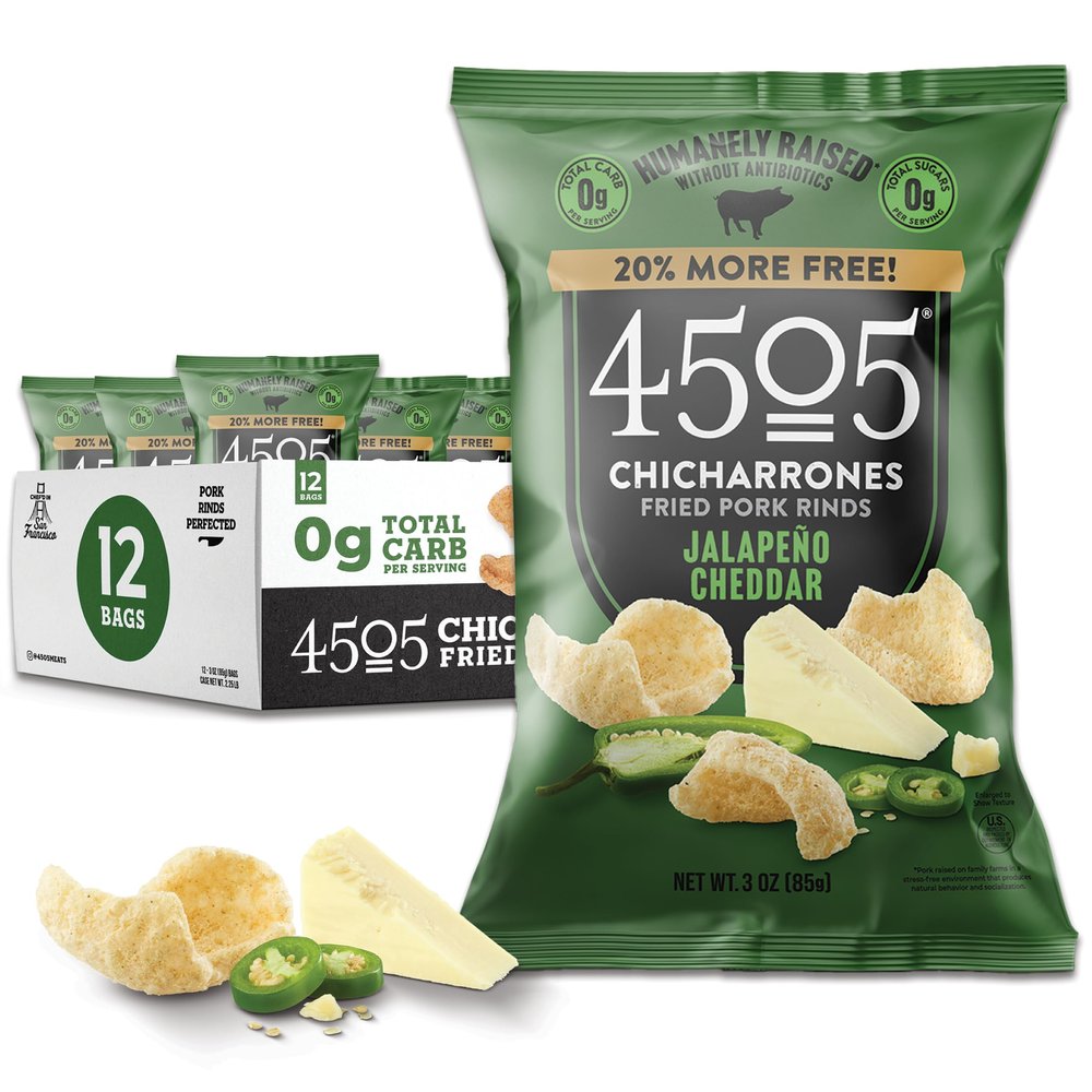 4505 Jalapeno Cheddar Seasoned Chicharrones, Fried Pork Rinds - Jalapeno Cheddar Flavored Pork Skins - Low Carb, Gluten-Free, Protein Snack - 3oz (Pack of 12
