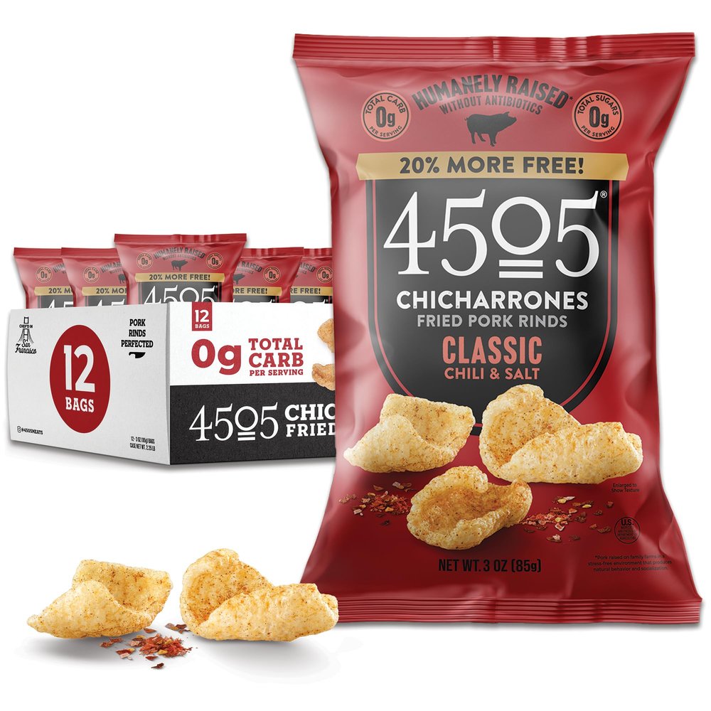 4505 Chicharrones Fried Pork Rinds - Classic Chili & Salt, 12 Pack