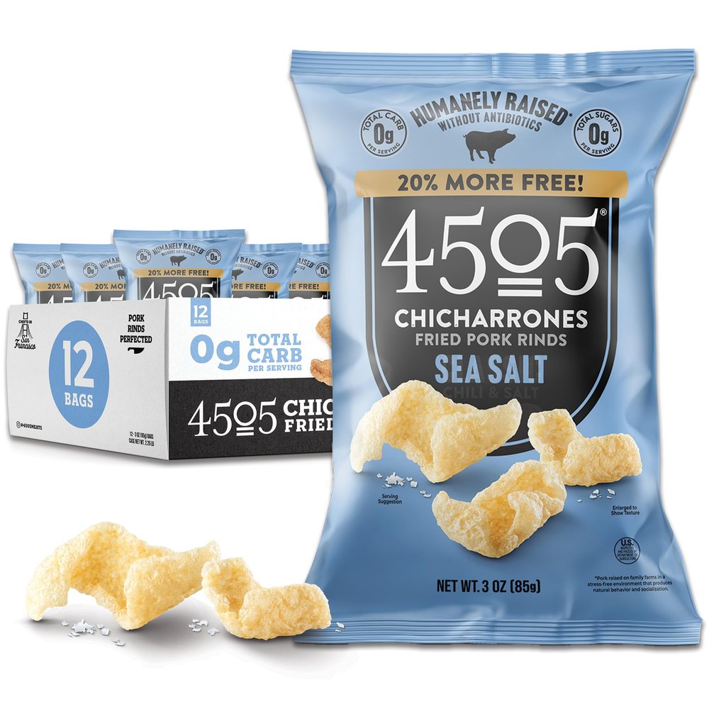 4505 Sea Salt Seasoned Chicharrones, Fried Pork Rinds - Sea Salt Flavored Pork Skins - Low Carb, Gluten-Free, Protein Snack - 3oz (Pack of 12)