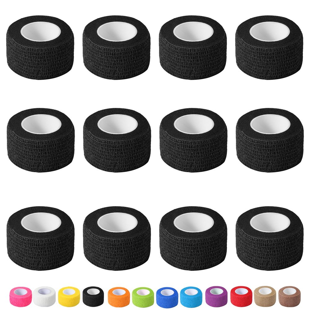 12 Pack Self Adhesive Bandage Wrap, 1 in x 5 Yards Non-Woven Self Adherent Cohesive Bandage, Vet Wrap Wound Tape for Thumb Finger Wrist Knee Ankle, Black