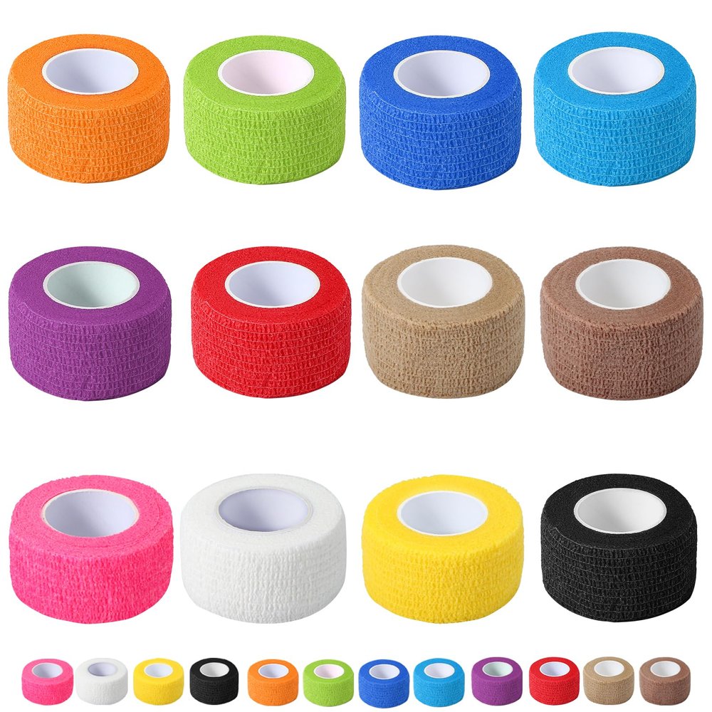 12 Pack Self Adhesive Bandage Wrap, 1 in x 5 Yards Non-Woven Self Adherent Cohesive Bandage, Vet Wrap Wound Tape for Thumb Finger Wrist Knee Ankle, Mix Colors