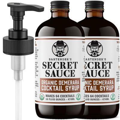 Bartenders Secret Sauce USDA Organic Demerara Syrup 2-Pack (16 oz Bottles) + Pump Rich Organic Cocktail Syrup for Old Fashioneds, Tiki Drinks, Coffee & Espresso Gluten Free, Non-GMO, OU Kosher