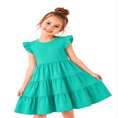 HILEELANG Girls Cotton Tiered Dress Flutter Ruffle Sleeve Flowy Swing Sundress Summer Casual Birthday Party Outfit Colorblock Green for Kids 212 Years