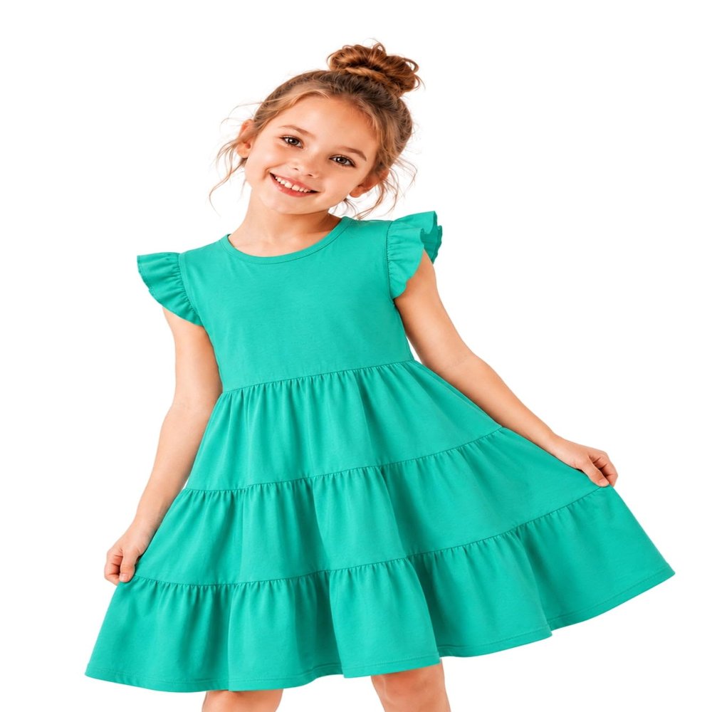 HILEELANG Girls Cotton Tiered Dress Flutter Ruffle Sleeve Flowy Swing Sundress Summer Casual Birthday Party Outfit Colorblock Green for Kids 212 Years