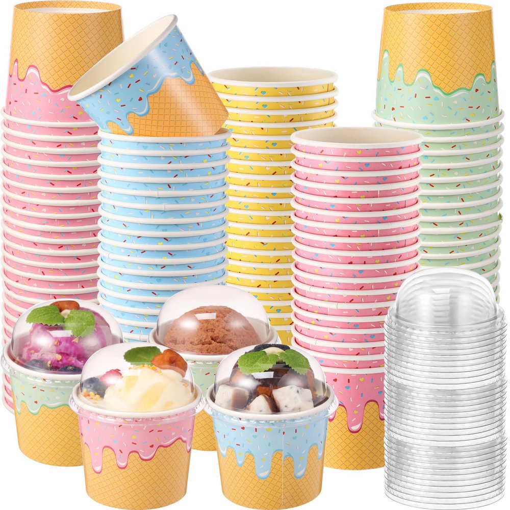 Jingmore 40 Count Paper Ice Cream Cups with Clear Dome Lids Disposable Dessert Cups Bulk Dessert Bowls Sundae Containers for Snack Yogurt Soup Birthday Ice Cream Party Supplies (6 oz)