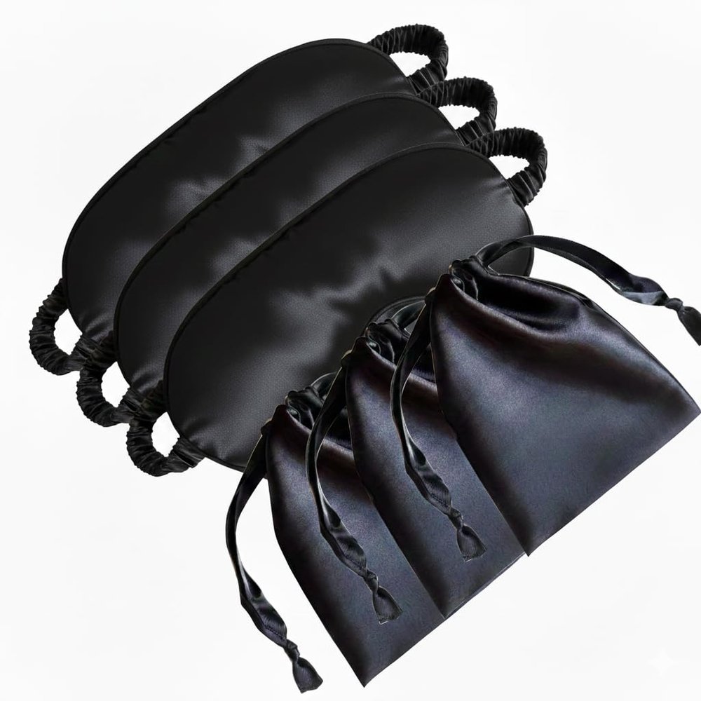[3 Pack] QSYW Sleep Masks, Satin Eye Mask for Sleeping - Silky Eye Masks Bulk with Storage Bag & Elastic Strap,Black