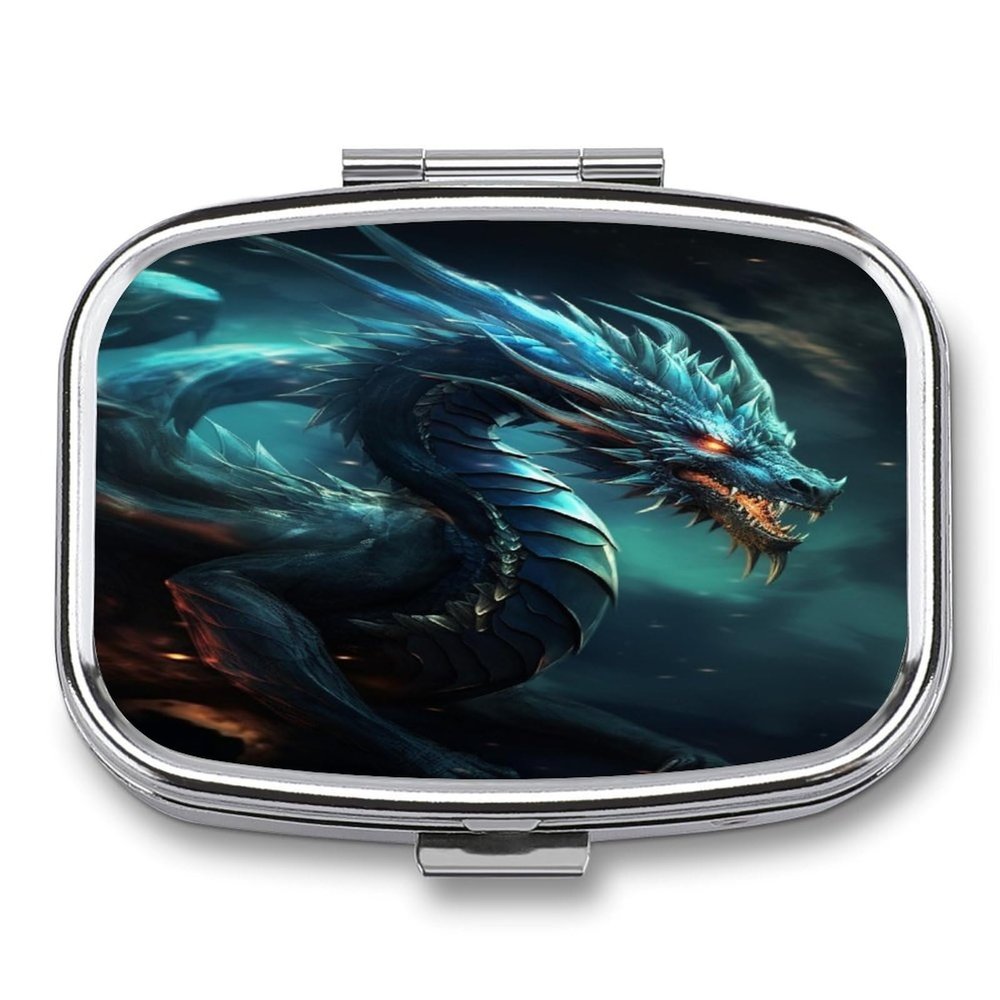 Pill Storage Box 2 Compartment Travel Pill Box Dragon Printed Portable Small Pill Box Daily Pill Container Storage Box for Carrying and Storing Medicines