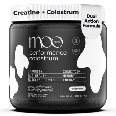 Moo Juice Colostrum Powder with Creatine Monohydrate | 2000mg Grass-Fed Bovine Colostrum + 5000mg Creatine | Bloat-Free Performance Combo | Unflavoured 6.3oz