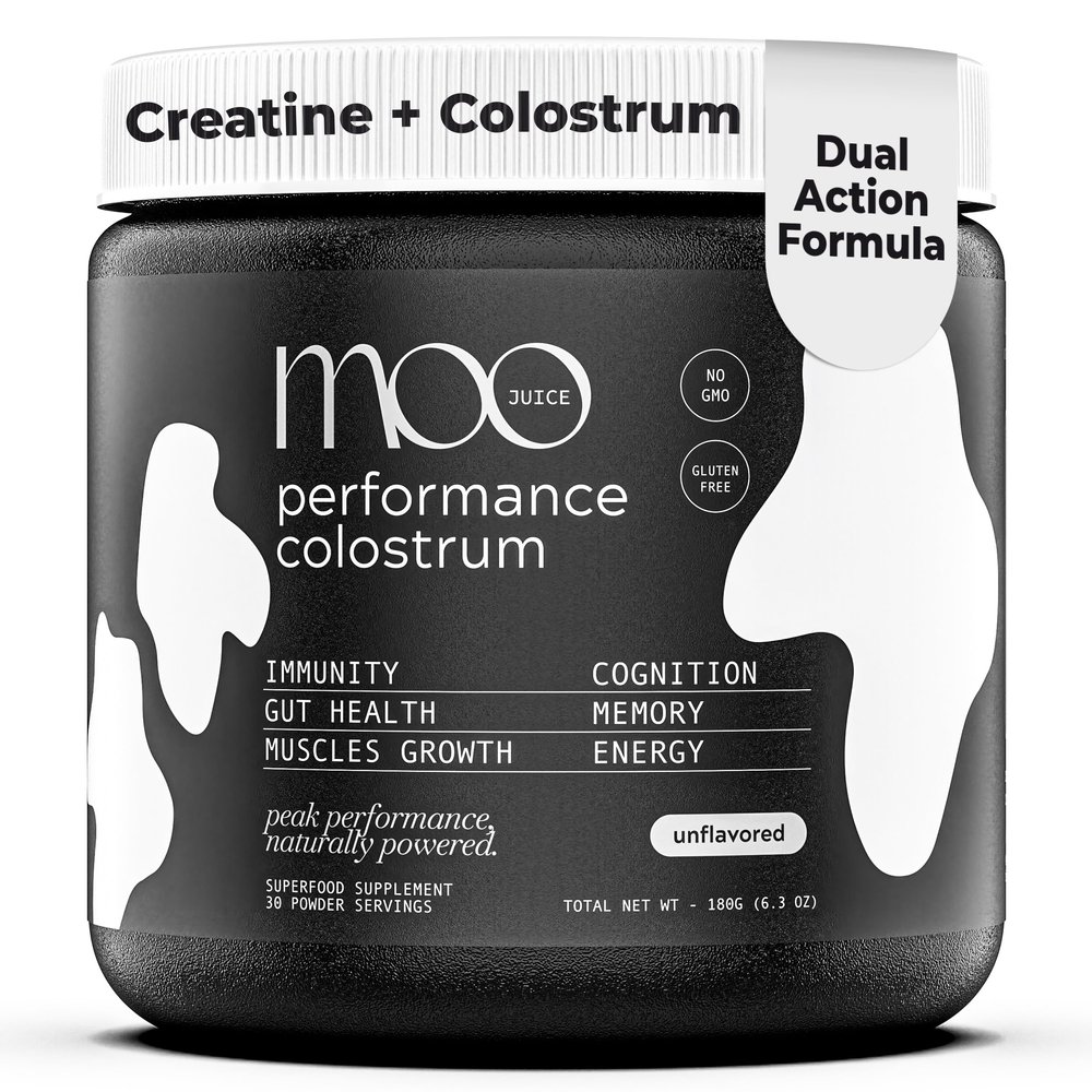 Moo Juice Colostrum Powder with Creatine Monohydrate | 2000mg Grass-Fed Bovine Colostrum + 5000mg Creatine | Bloat-Free Performance Combo | Unflavoured 6.3oz